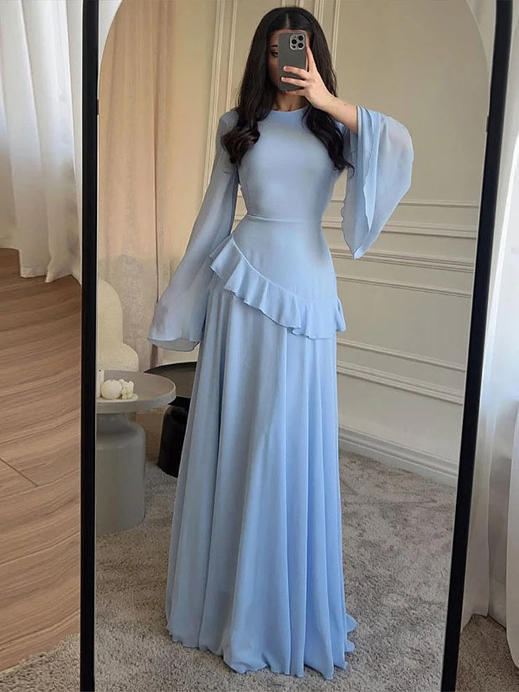 Fashion Flare Sleeve Ruff Long Dress