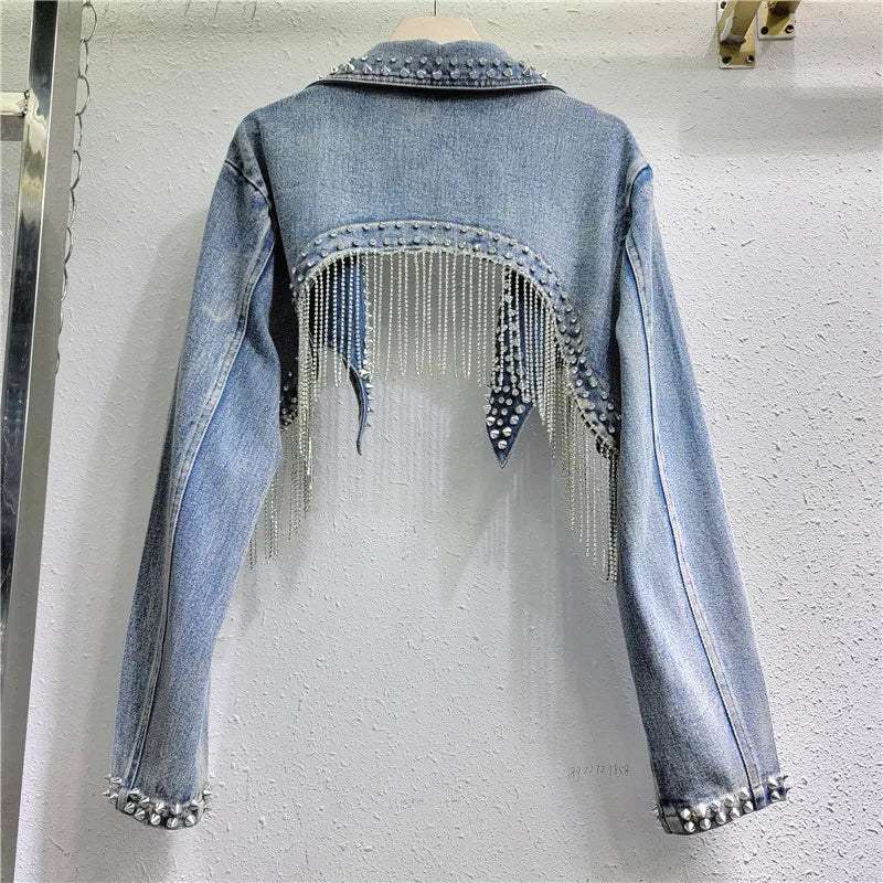 Beaded Denim Cropped Jacket