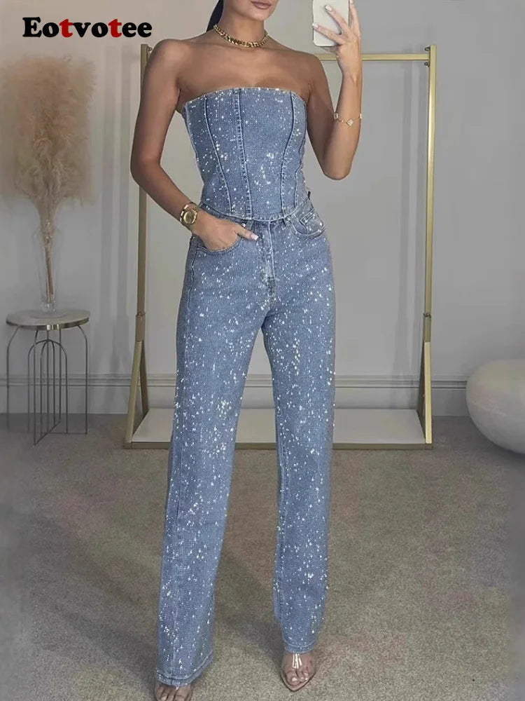 Women Rhinestone Two-Piece Set