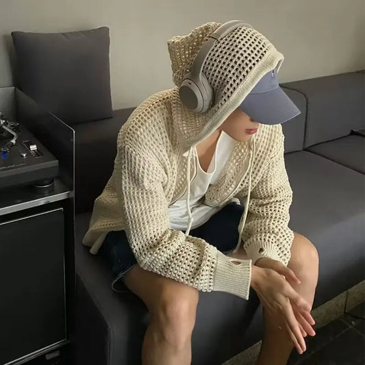Hollow Hooded Knit Top