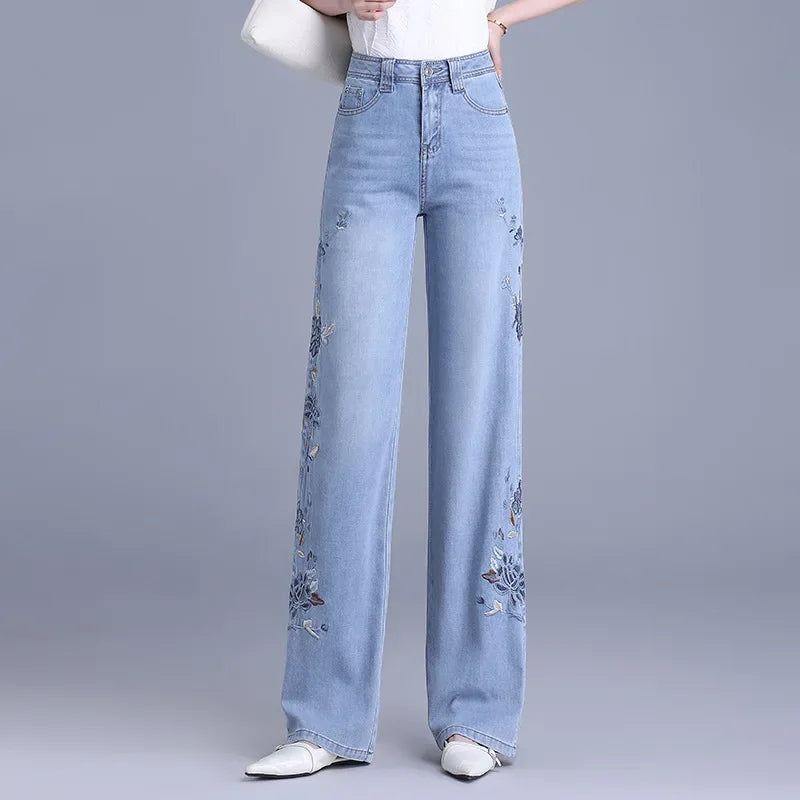 Embroidered Wide Leg Jeans