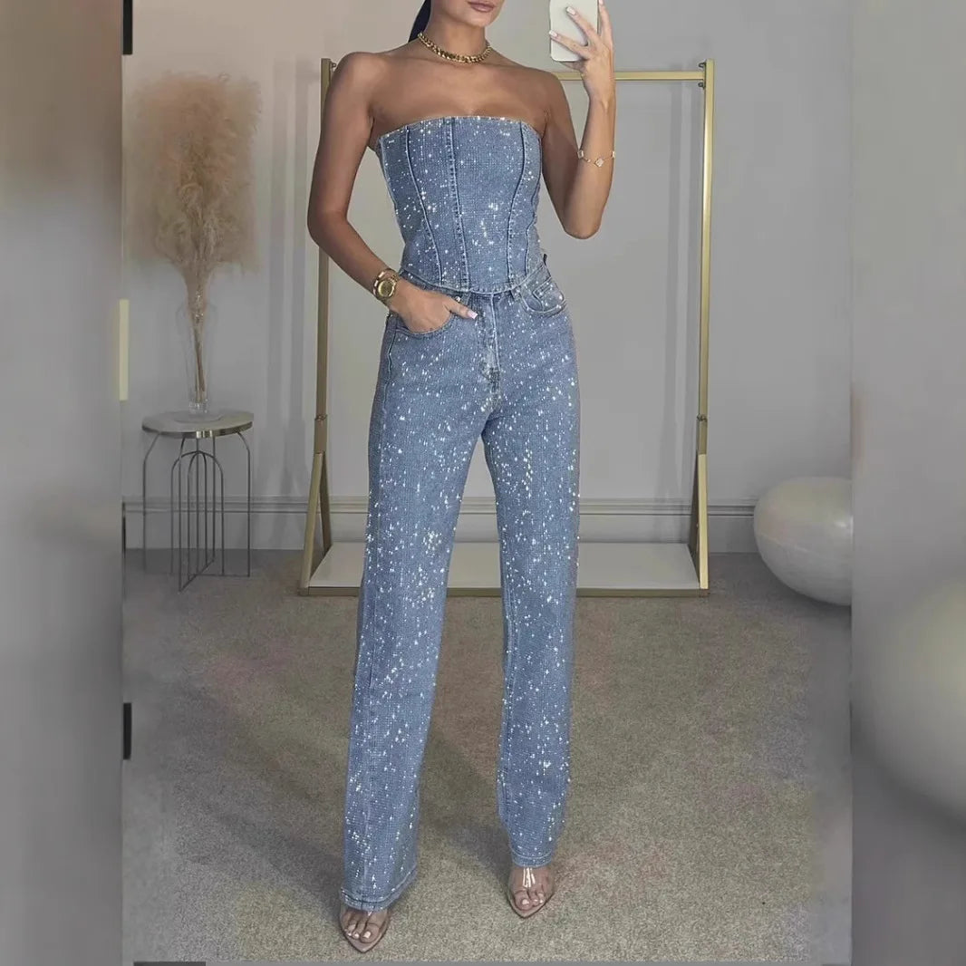 Women Rhinestone Two-Piece Set
