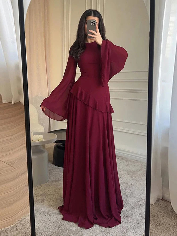 Fashion Flare Sleeve Ruff Long Dress