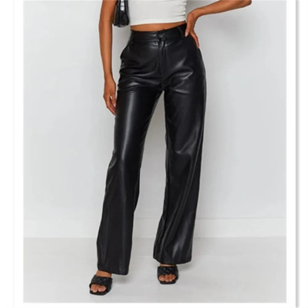 Solid Color High-Waist PU Pants
