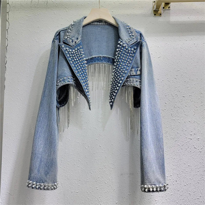 Beaded Denim Cropped Jacket
