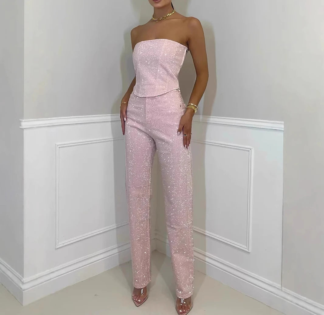 Women Rhinestone Two-Piece Set