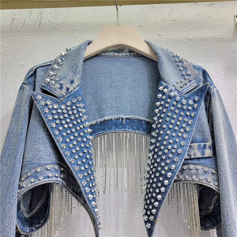 Beaded Denim Cropped Jacket