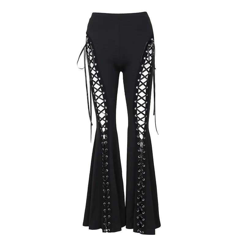 Black Punk Lace Up Flared Pants