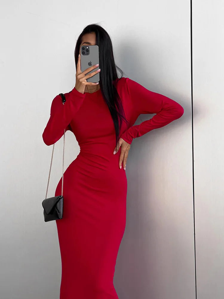 Solid Full Sleeves O-Neck Dress