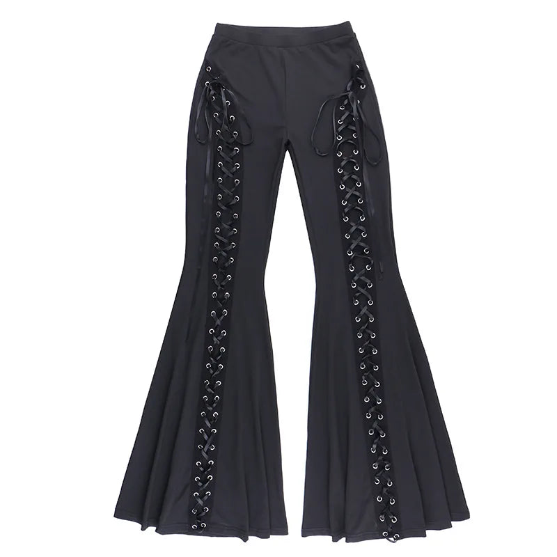 Black Punk Lace Up Flared Pants
