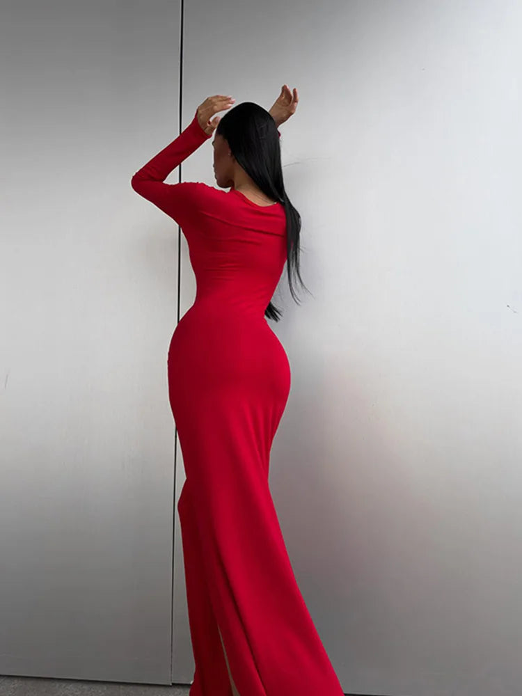 Solid Full Sleeves O-Neck Dress