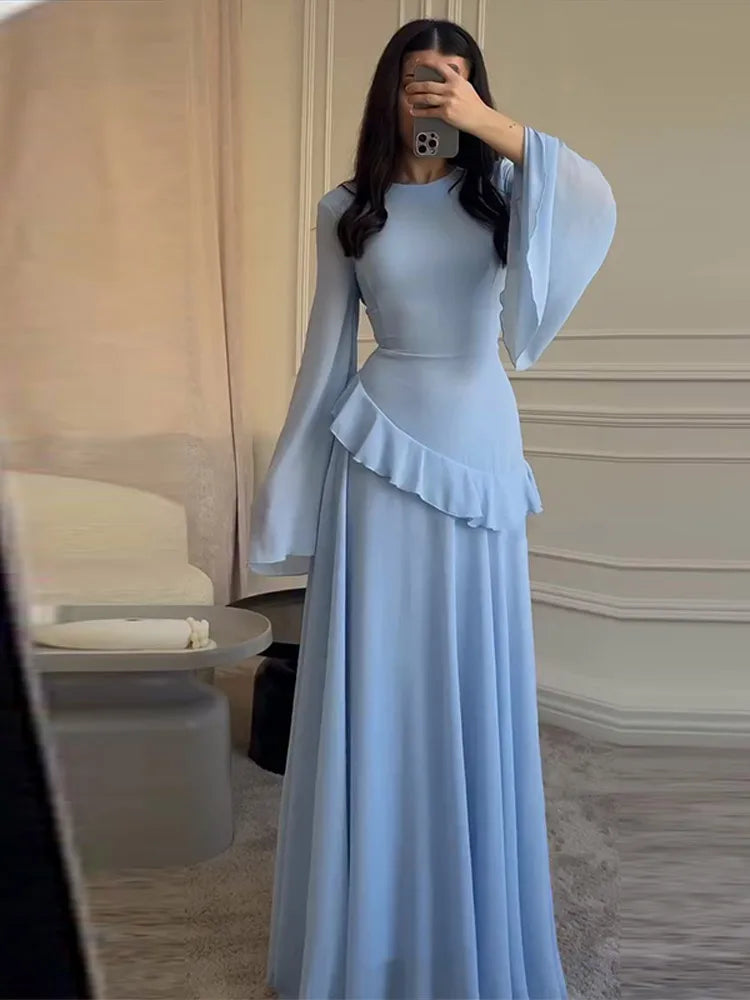 Fashion Flare Sleeve Ruff Long Dress