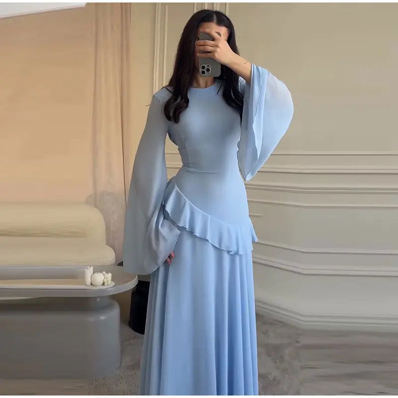 Fashion Flare Sleeve Ruff Long Dress