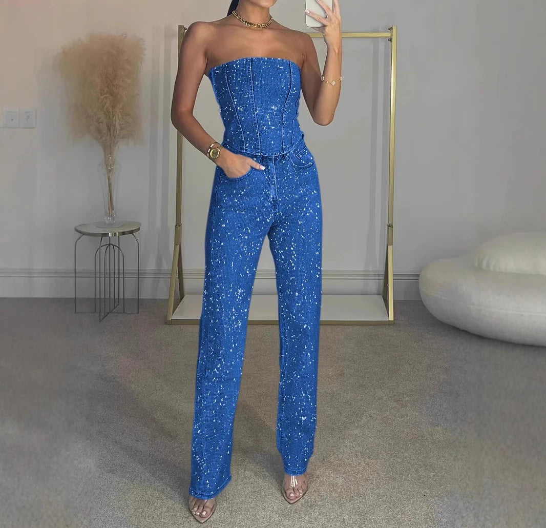 Women Rhinestone Two-Piece Set