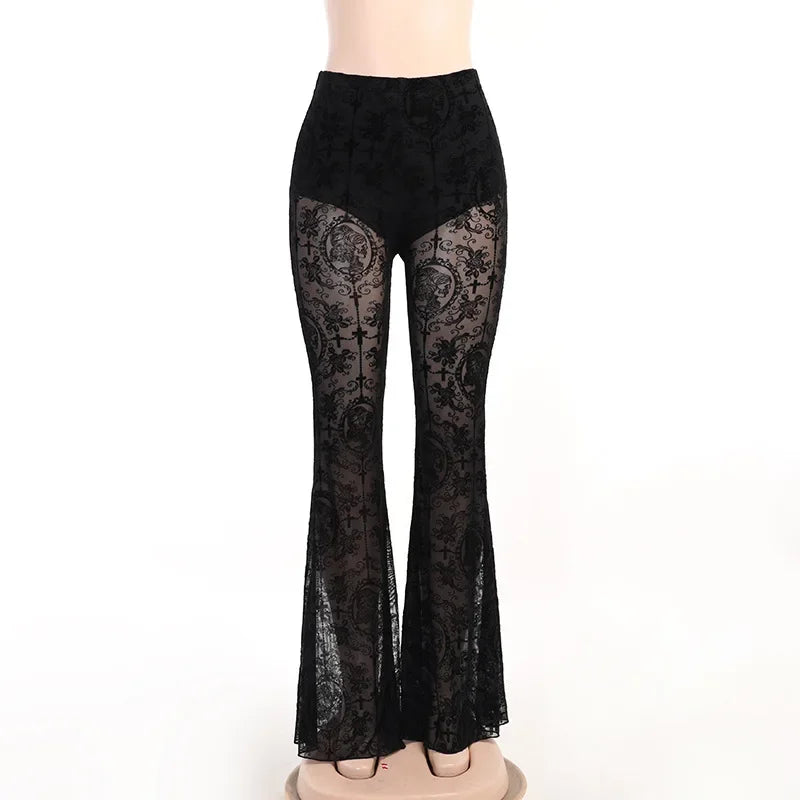 Y2K Gothic Lace Flare Mesh Pants