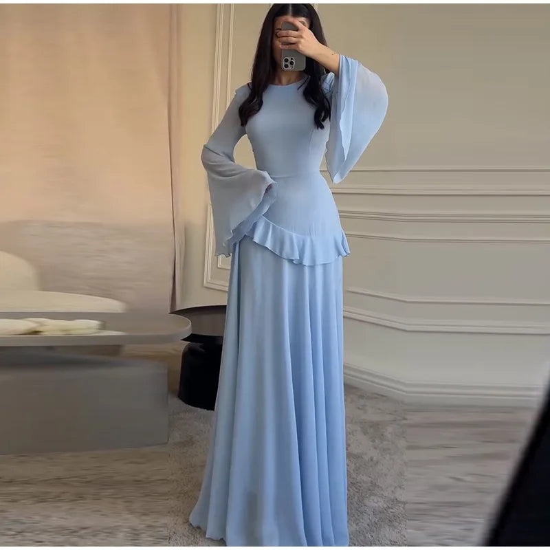 Fashion Flare Sleeve Ruff Long Dress
