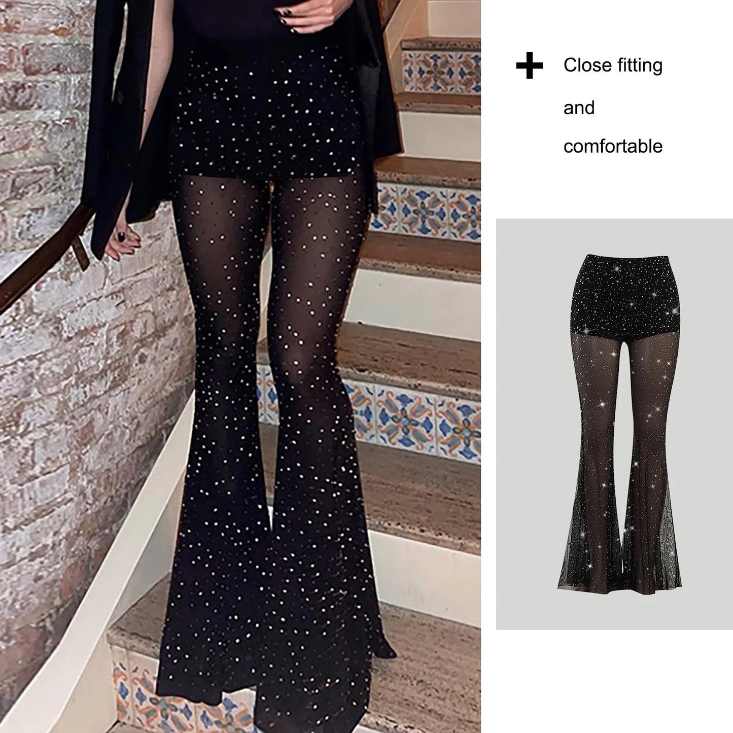 Rhinestone High-Waist Street Pants