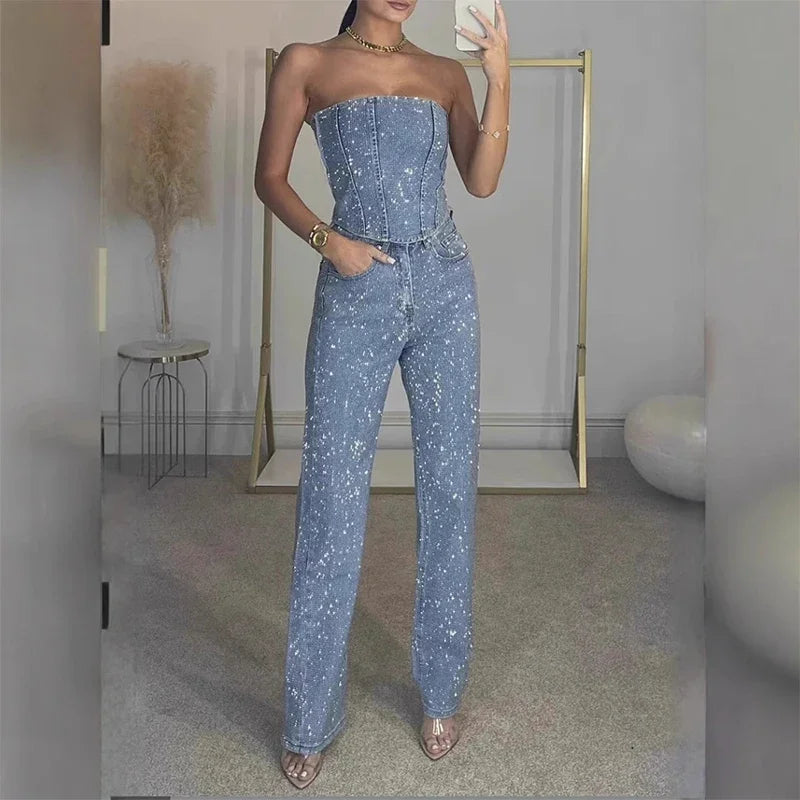 Women Rhinestone Two-Piece Set