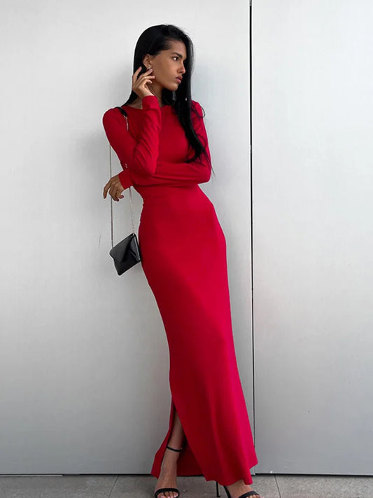 Solid Full Sleeves O-Neck Dress