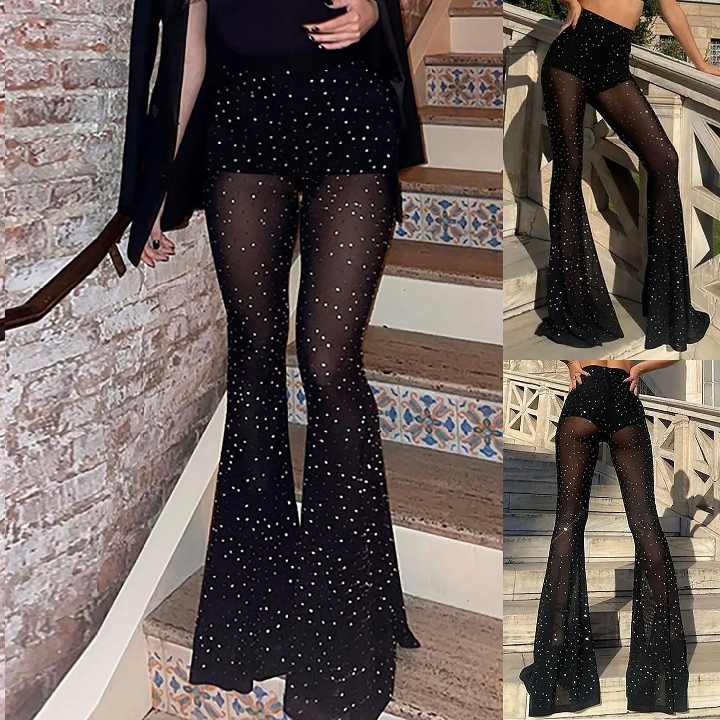 Rhinestone High-Waist Street Pants