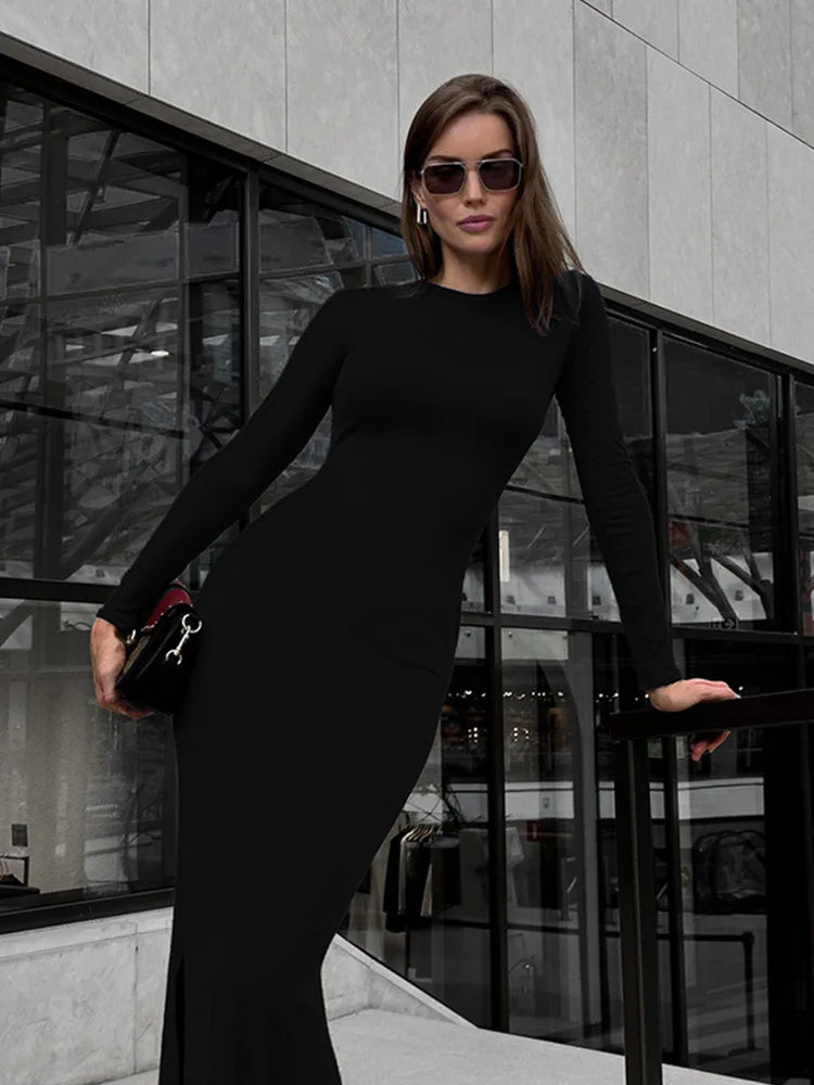 Solid Full Sleeves O-Neck Dress