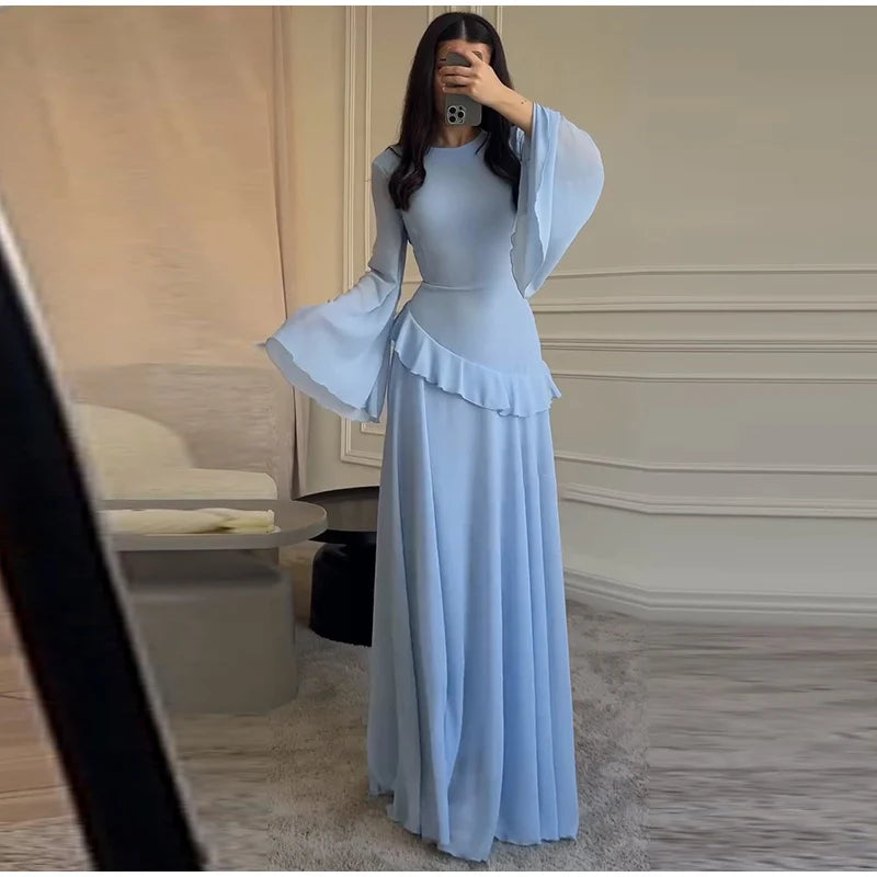 Fashion Flare Sleeve Ruff Long Dress