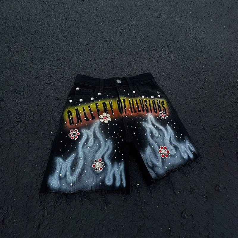 Rhinestone Flame Denim Shorts