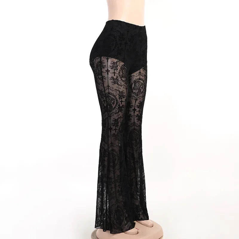 Y2K Gothic Lace Flare Mesh Pants