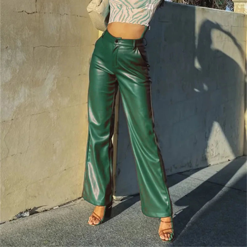Solid Color High-Waist PU Pants