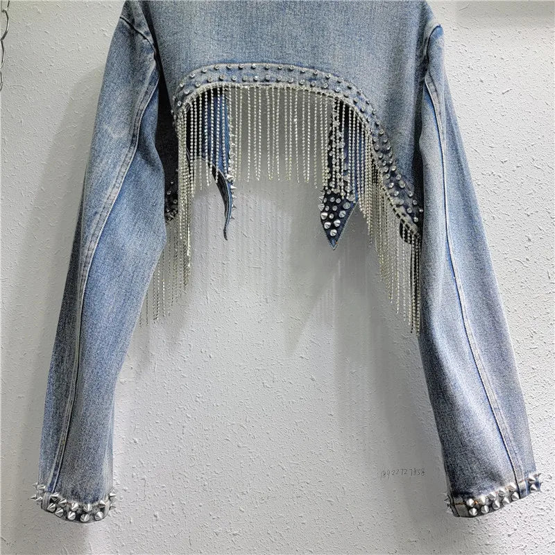 Beaded Denim Cropped Jacket