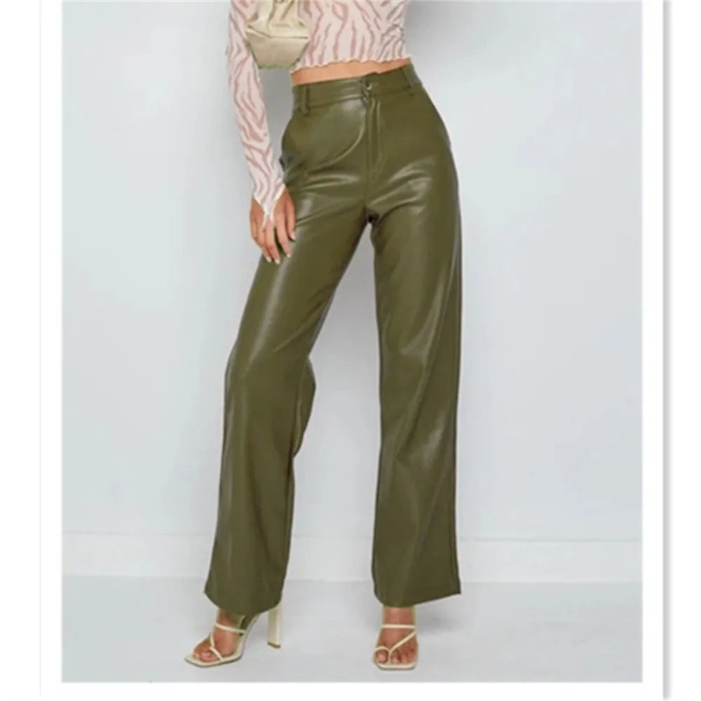 Solid Color High-Waist PU Pants