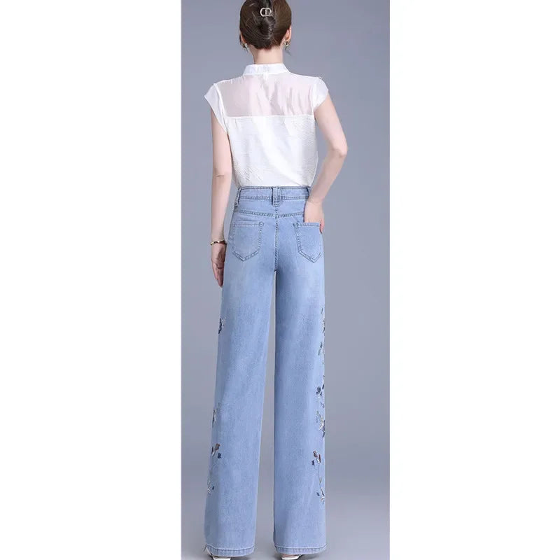 Embroidered Wide Leg Jeans