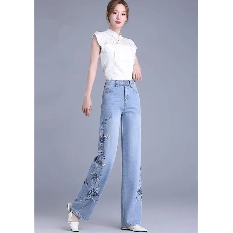 Embroidered Wide Leg Jeans