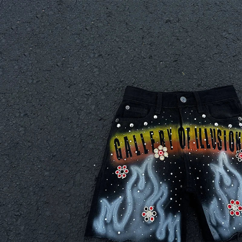 Rhinestone Flame Denim Shorts