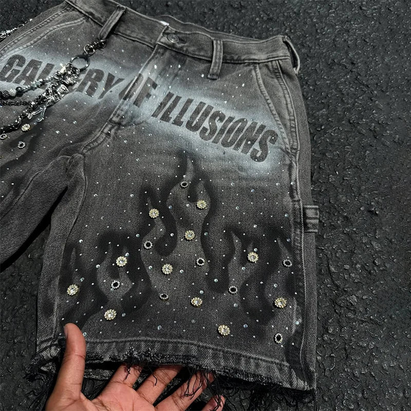 Rhinestone Distressed Denim Shorts