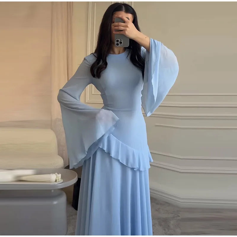 Fashion Flare Sleeve Ruff Long Dress