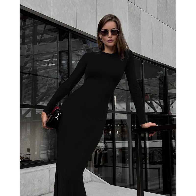 Solid Full Sleeves O-Neck Dress