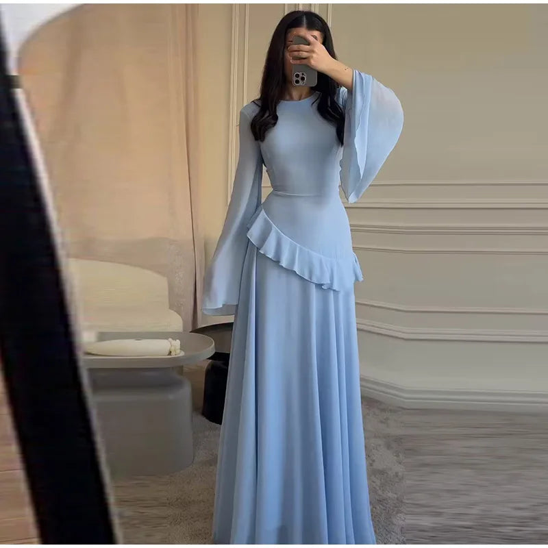 Fashion Flare Sleeve Ruff Long Dress