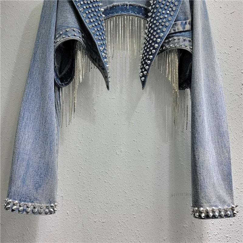 Beaded Denim Cropped Jacket