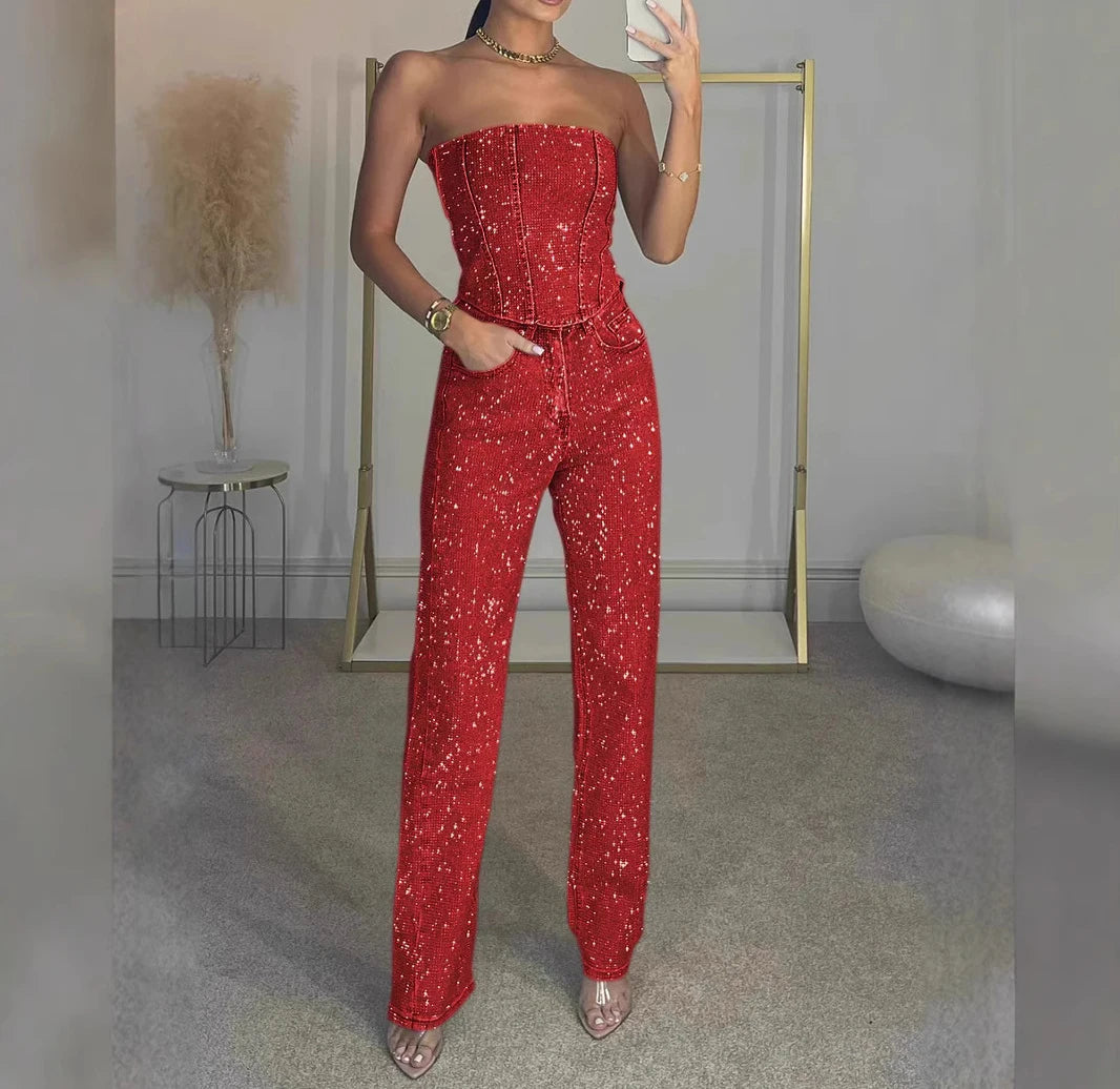 Women Rhinestone Two-Piece Set