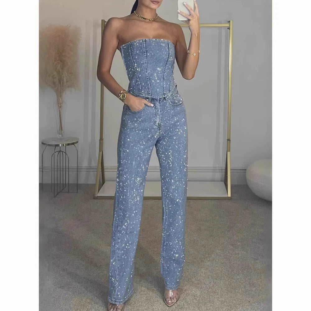 Women Rhinestone Two-Piece Set