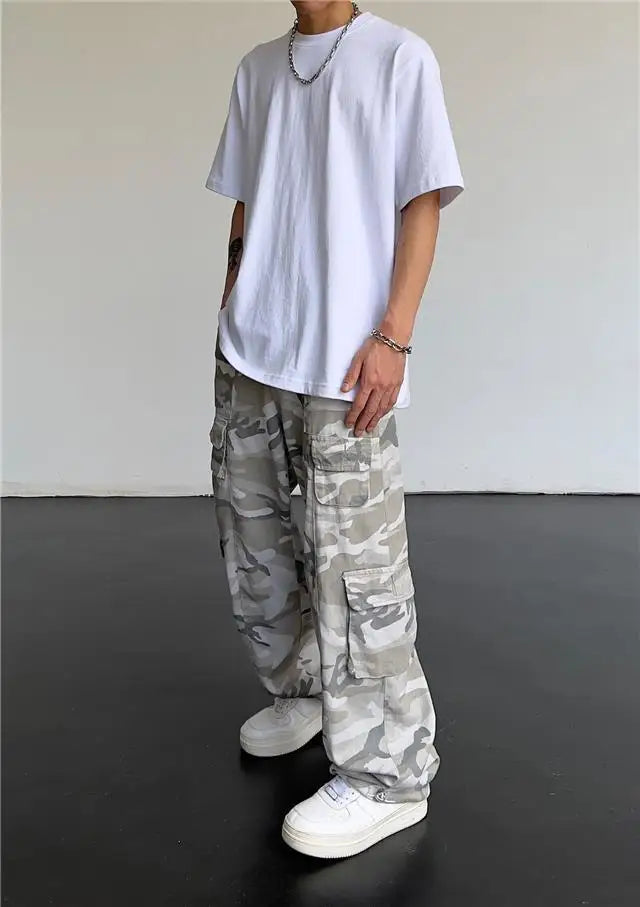 New 2025 Camouflage Cargo Pants for Men Elastic Waist Casual Pants Spring Autumn Hiphop Multi Pocket Baggy Streetwear Trousers