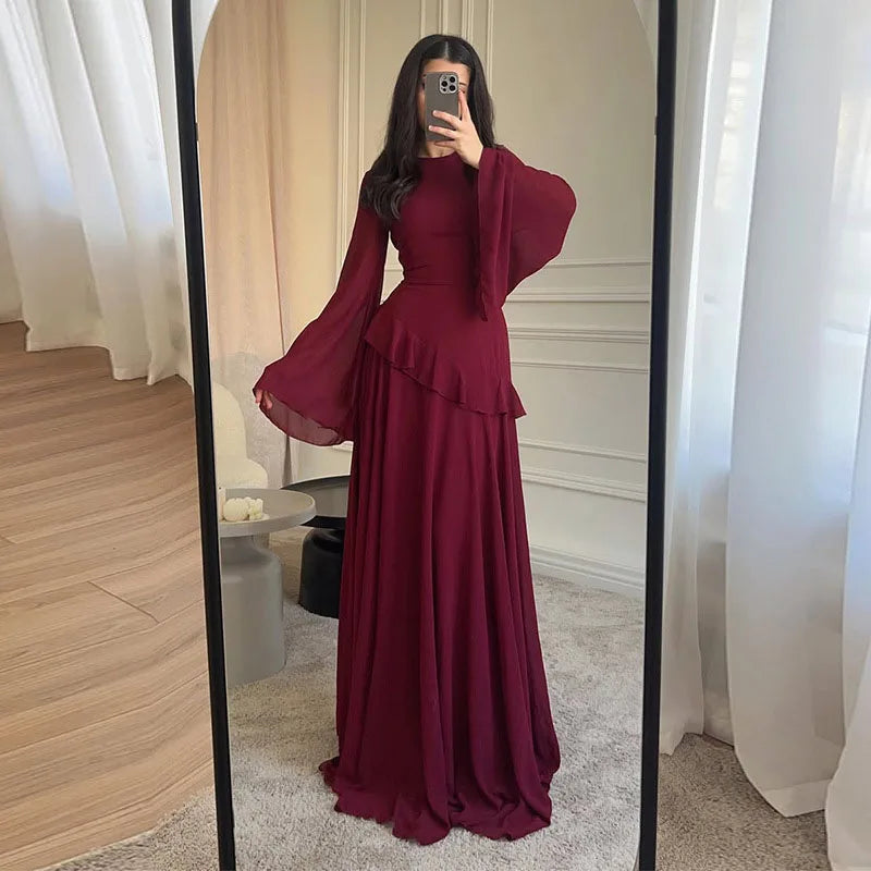 Fashion Flare Sleeve Ruff Long Dress