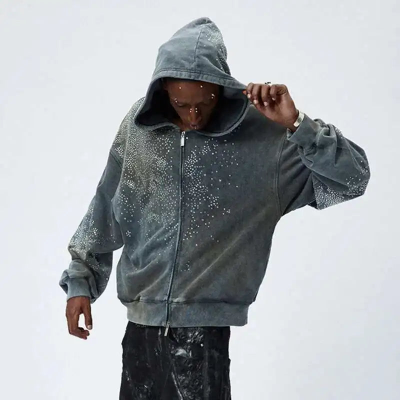 Rhinestone Washed Zip Hoodie