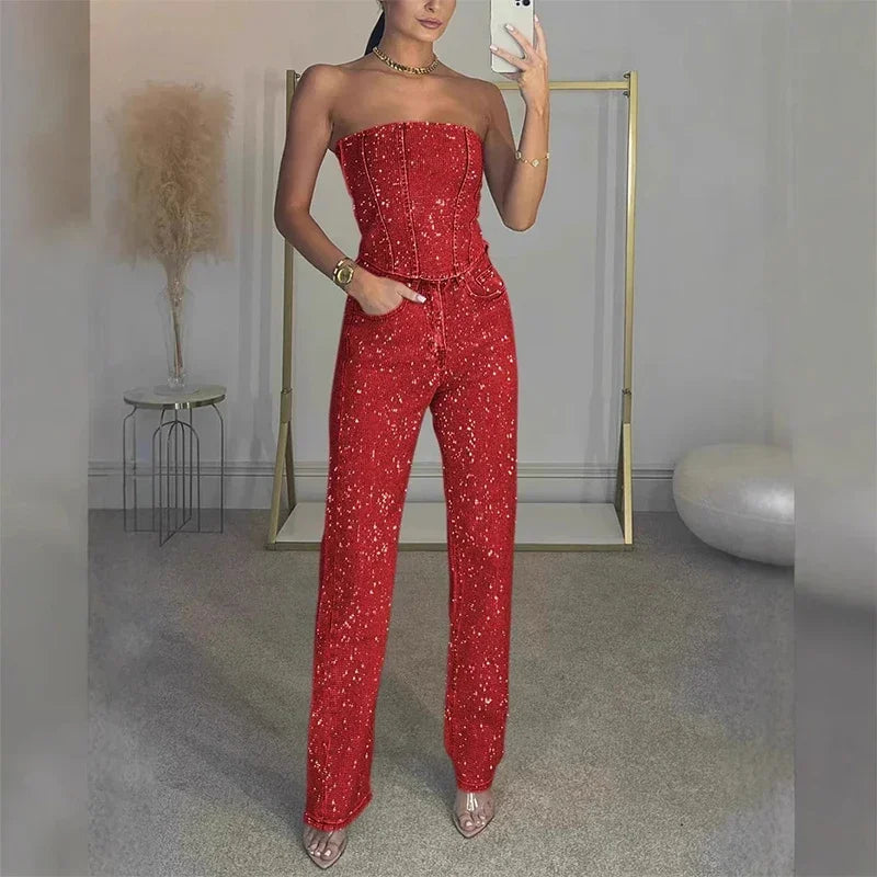 Rhinestone Slim Denim Set