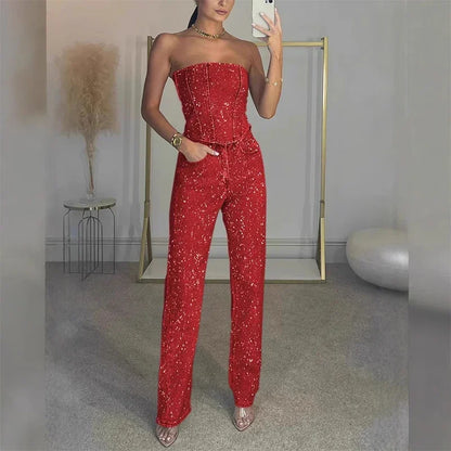 Rhinestone Slim Denim Set