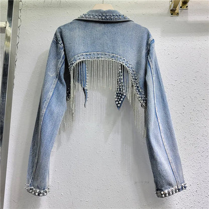 Beaded Denim Cropped Jacket