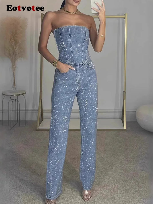 Women Rhinestone Two-Piece Set