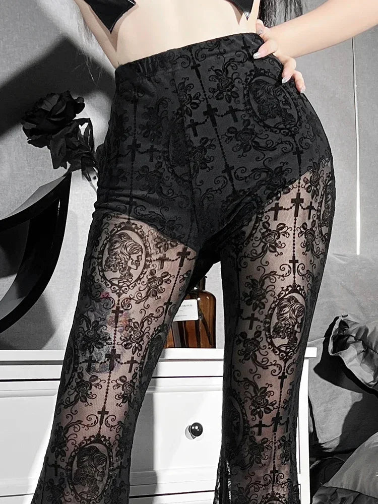 Y2K Gothic Lace Flare Mesh Pants