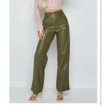 Solid Color High-Waist PU Pants